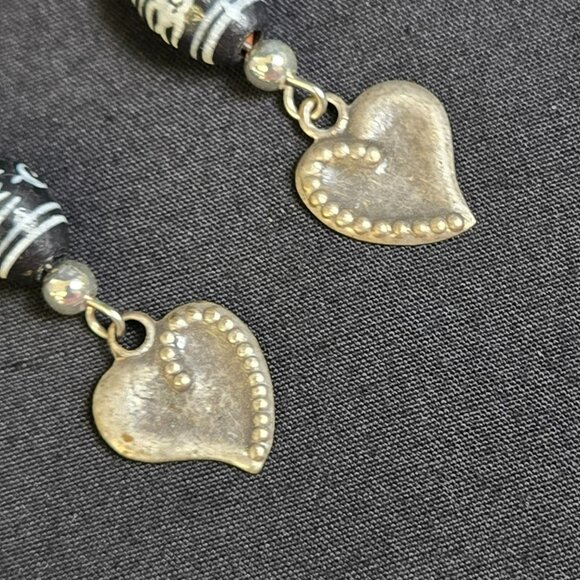 Boho Earrings Black & Silver Beaded Dzi Style with Gold Heart Dangle Accents - Picture 4 of 6